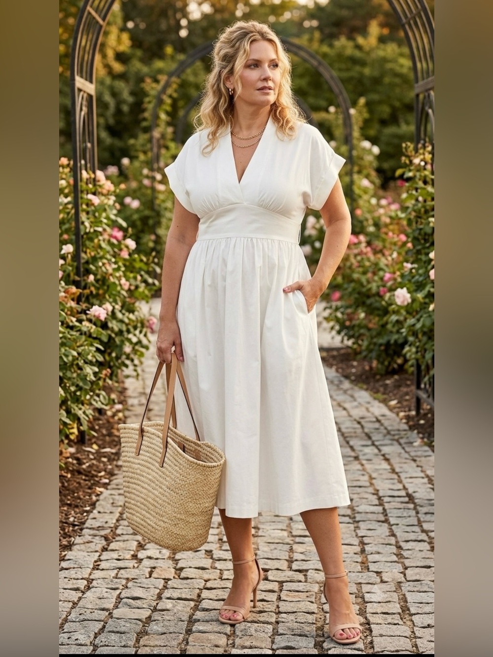 ANTONIO MELANI White Empire- Waist V-Neck Midi Dress with Pockets. Size 12.